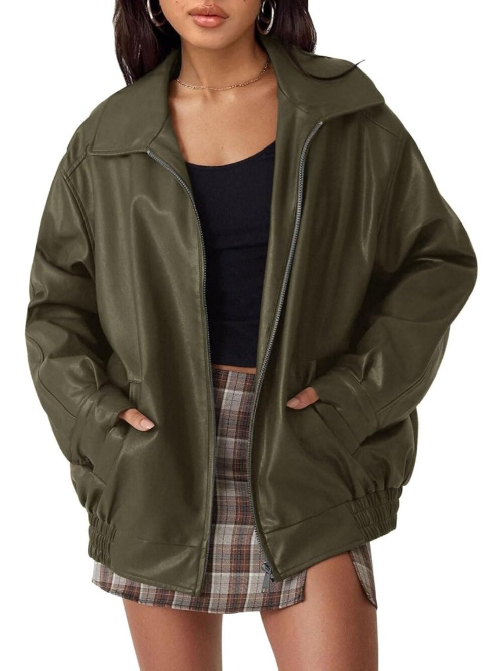 Women's Army green Oversized Faux Leather Medium Weight Fall Bomber Jackets
